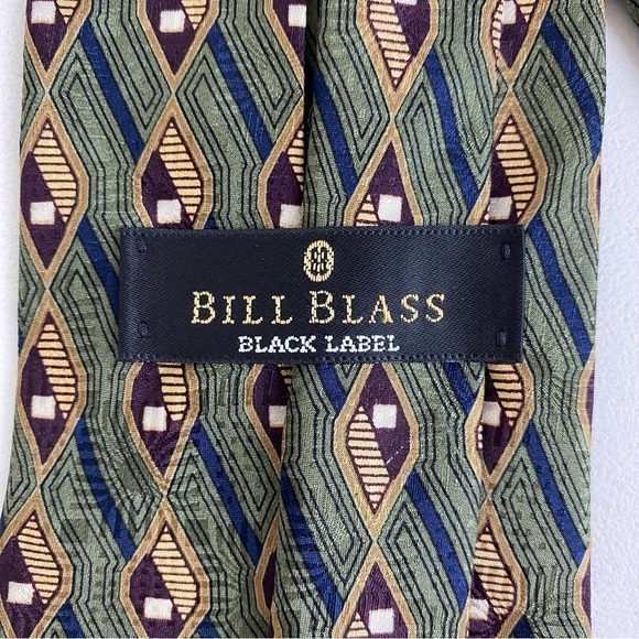 Bill Blass Black Label 100% Silk Tie Green Gold Diamond Pattern MCM Vibe 90s Tie - Picture 6 of 7